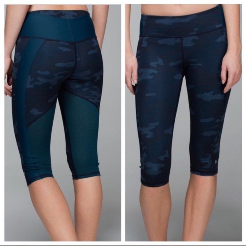 Lululemon Clip In Crop Leggings Heathered Lotus Camo Oil Slick Blue SZ 4 EUC